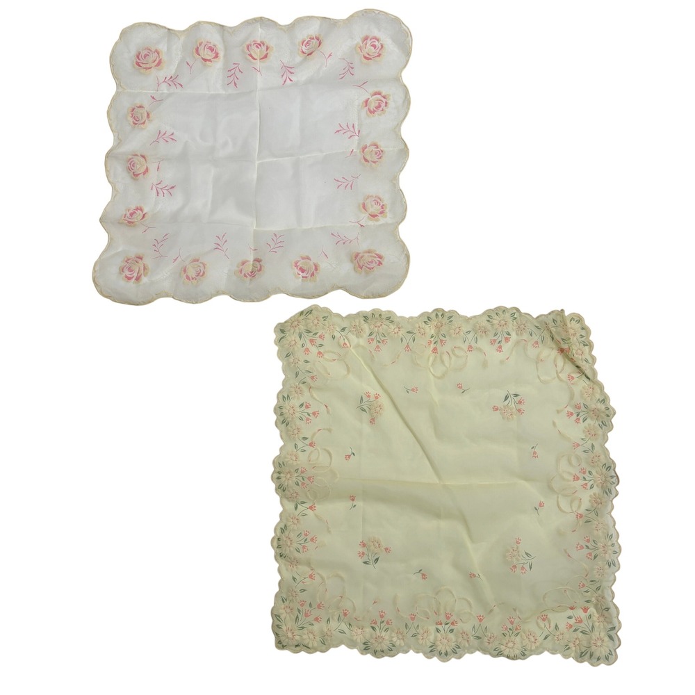 2 VTG Floral Sheer Handkerchiefs Coquette Delicate Roses‎ Romantic 40s French?